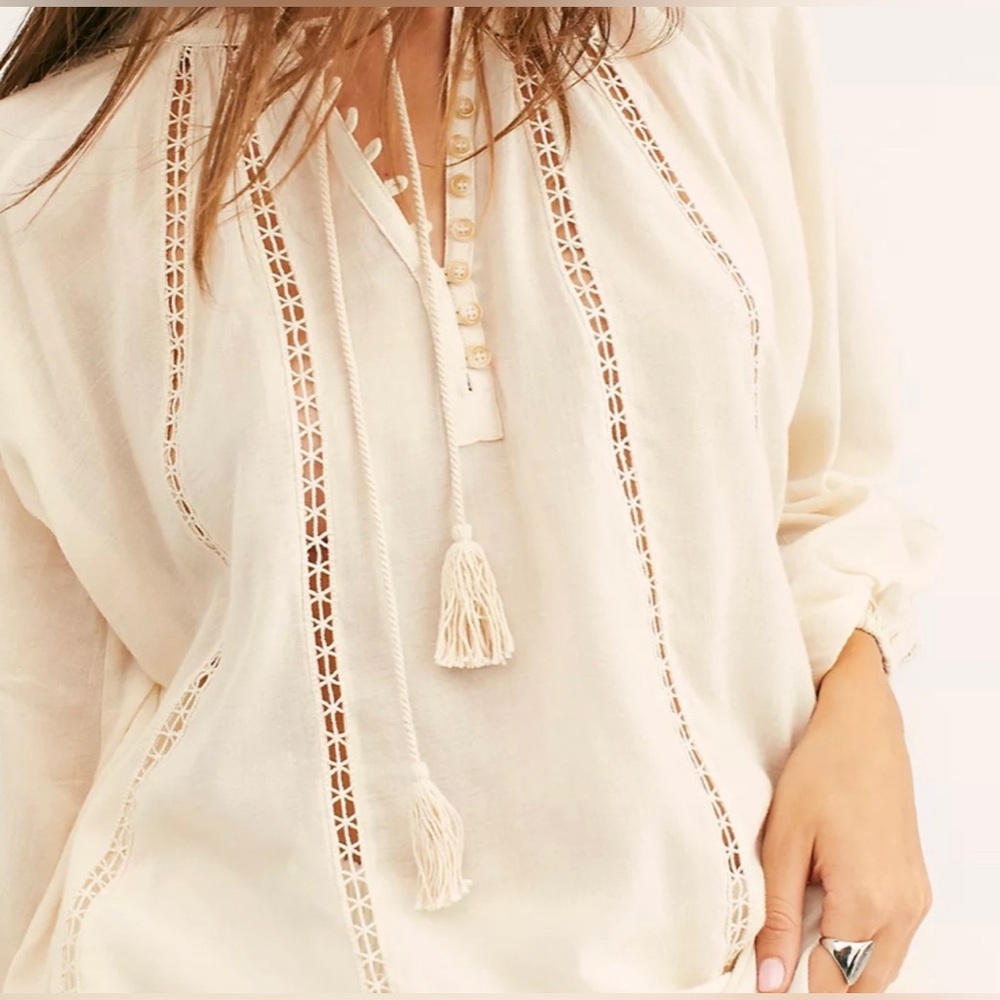 Spell Cream Crochet-Trim Tie Front Blouse - Picture 6 of 9